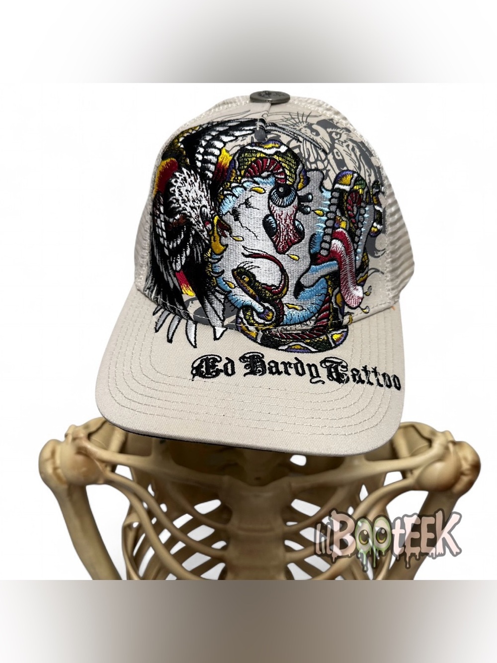 Ed Hardy Mens Adjustable Snapback Trucker Hat Ivory Trippy Skull Eagle NEW Y2K